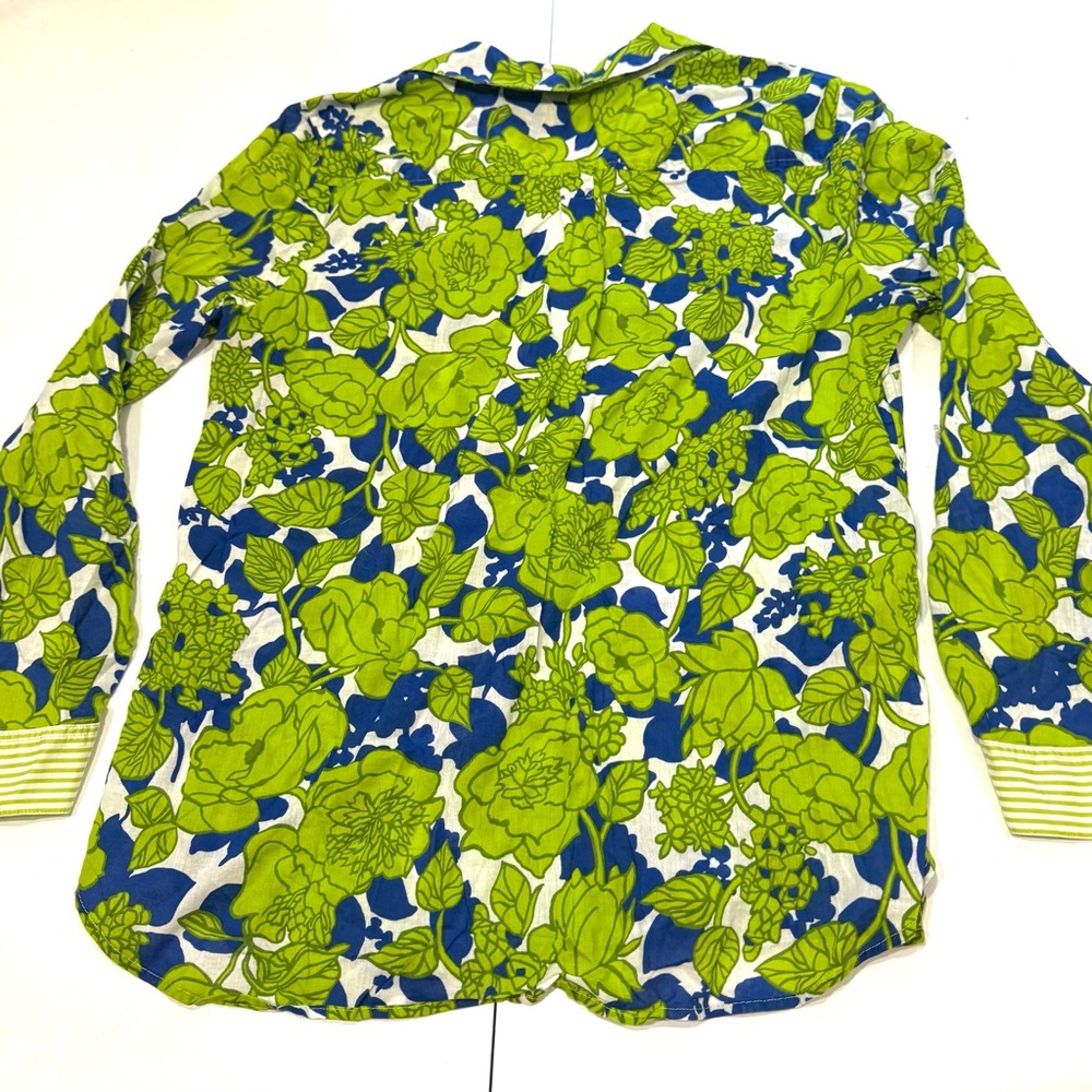 Talbots Floral Print Henley Tunic Top Blouse Size L Green Blue & White Light Wgt - Picture 9 of 11